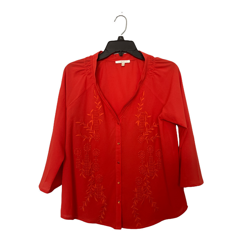 Under Skies Women Blouse Size Medium V-Neck Rolled Tab 3/4 sleeve Top Tees
